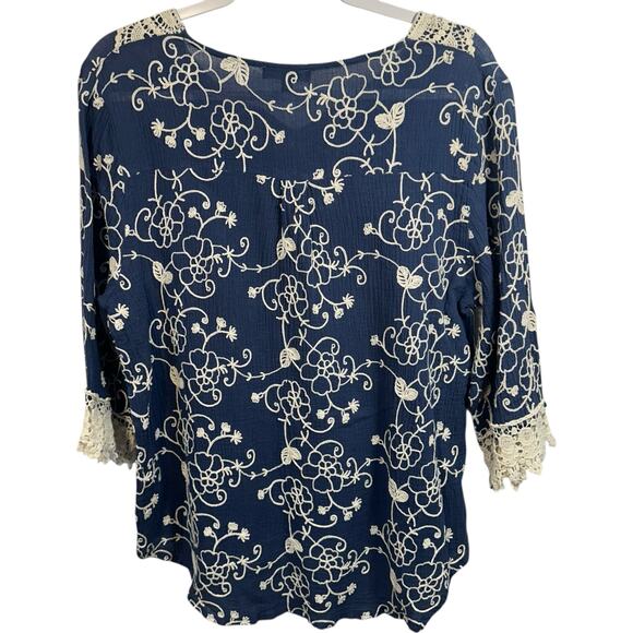 Boho Crochet Lace Peasant Top L Navy Cotton Embroidered Cottagecore Festival - Picture 2 of 7